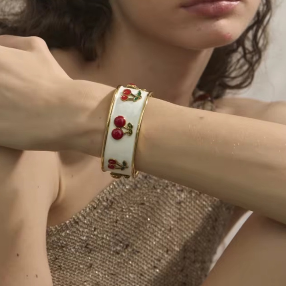 Cherry Enamel Gold Cuff Bracelet – PVD Gold Plated Stainless Steel - Picture 3 of 10